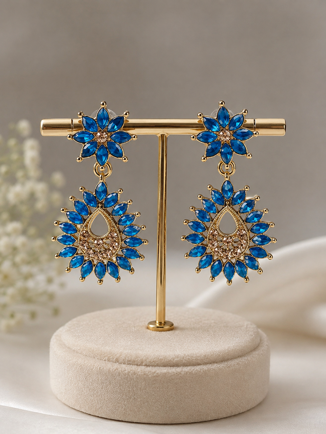 Royal Blue Crystal Floral Drop Earrings – Gold Tone