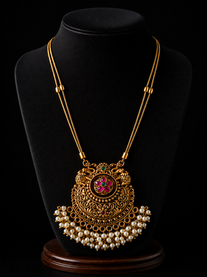 Antique Gold Temple Pendant Necklace with Pearl Drops