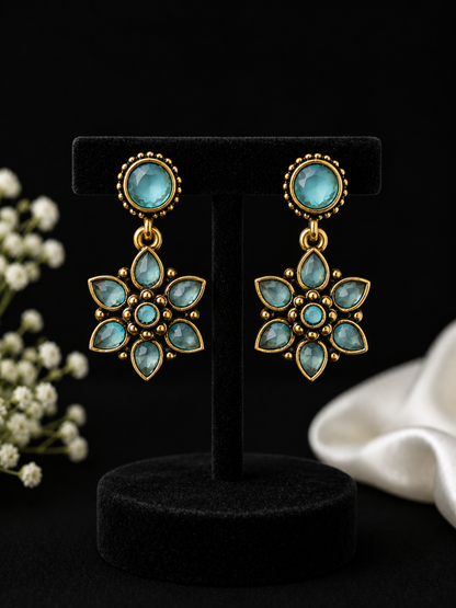 Aqua Blue Floral Crystal Drop Earrings – Antique Gold Tone