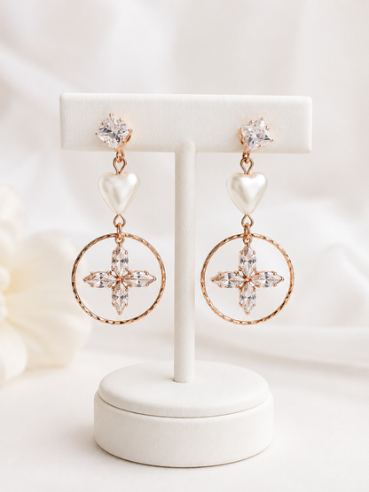 Rose Gold Heart & Crystal Hoop Drop Earrings