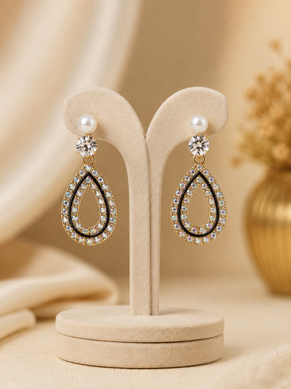 Pearl & Crystal Double Teardrop Statement Earrings – Gold Tone