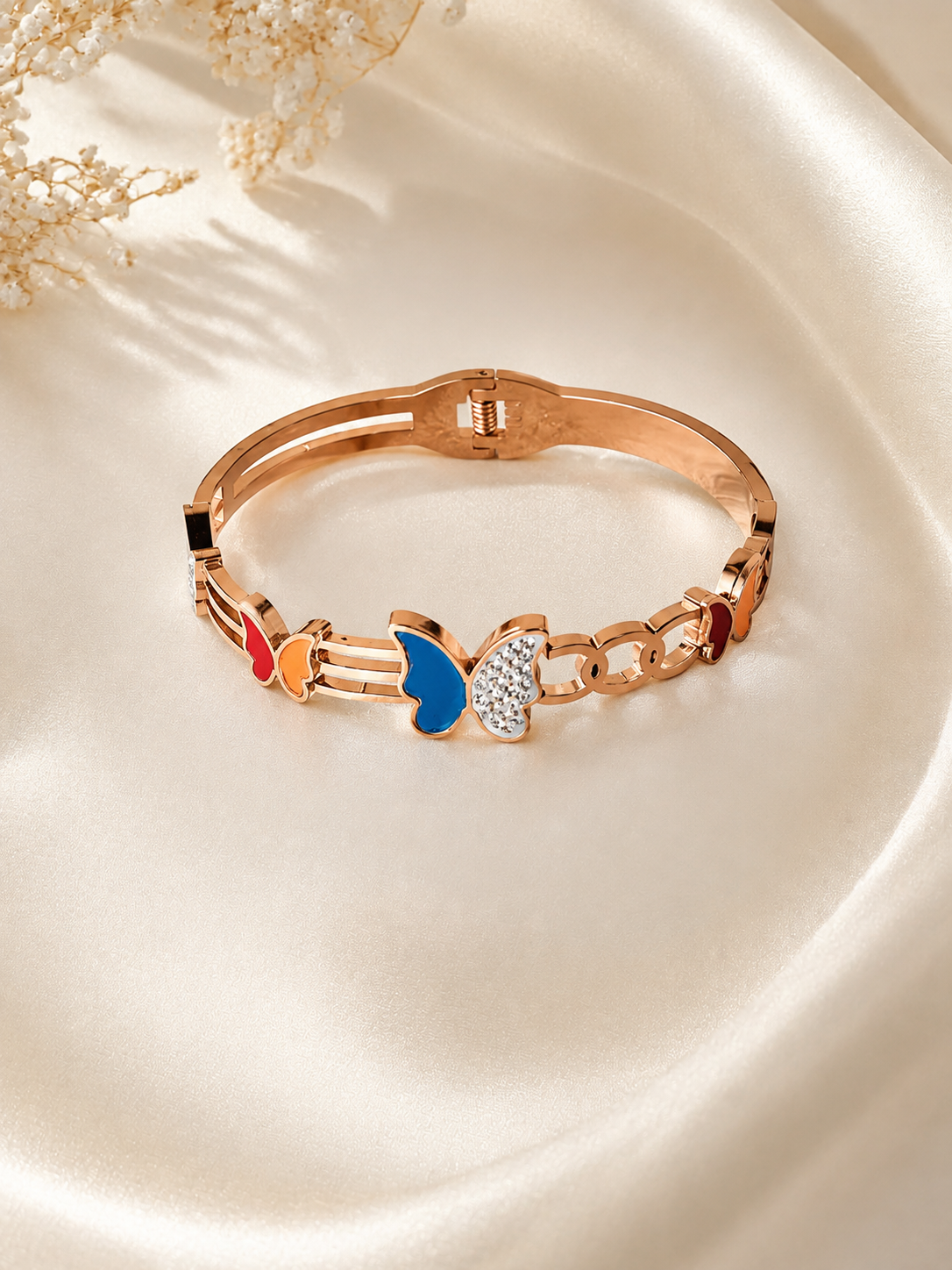 Rose Gold Butterfly Charm Bracelet – Multicolor Crystal Bangle