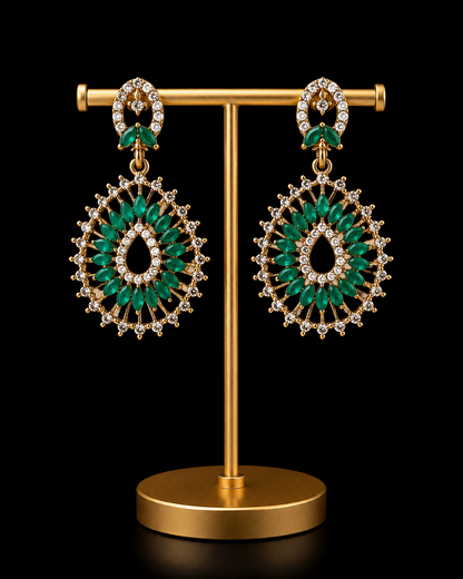 Emerald Green Crystal Teardrop Statement Earrings – Gold Tone