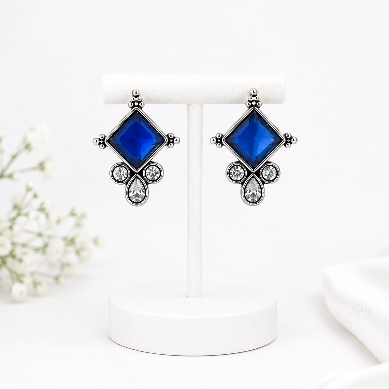 Royal Blue Crystal Statement Earrings – Silver Tone