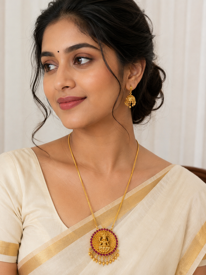 Traditional Gold-Tone Lakshmi Pendant Chain with Ruby-Color Stones