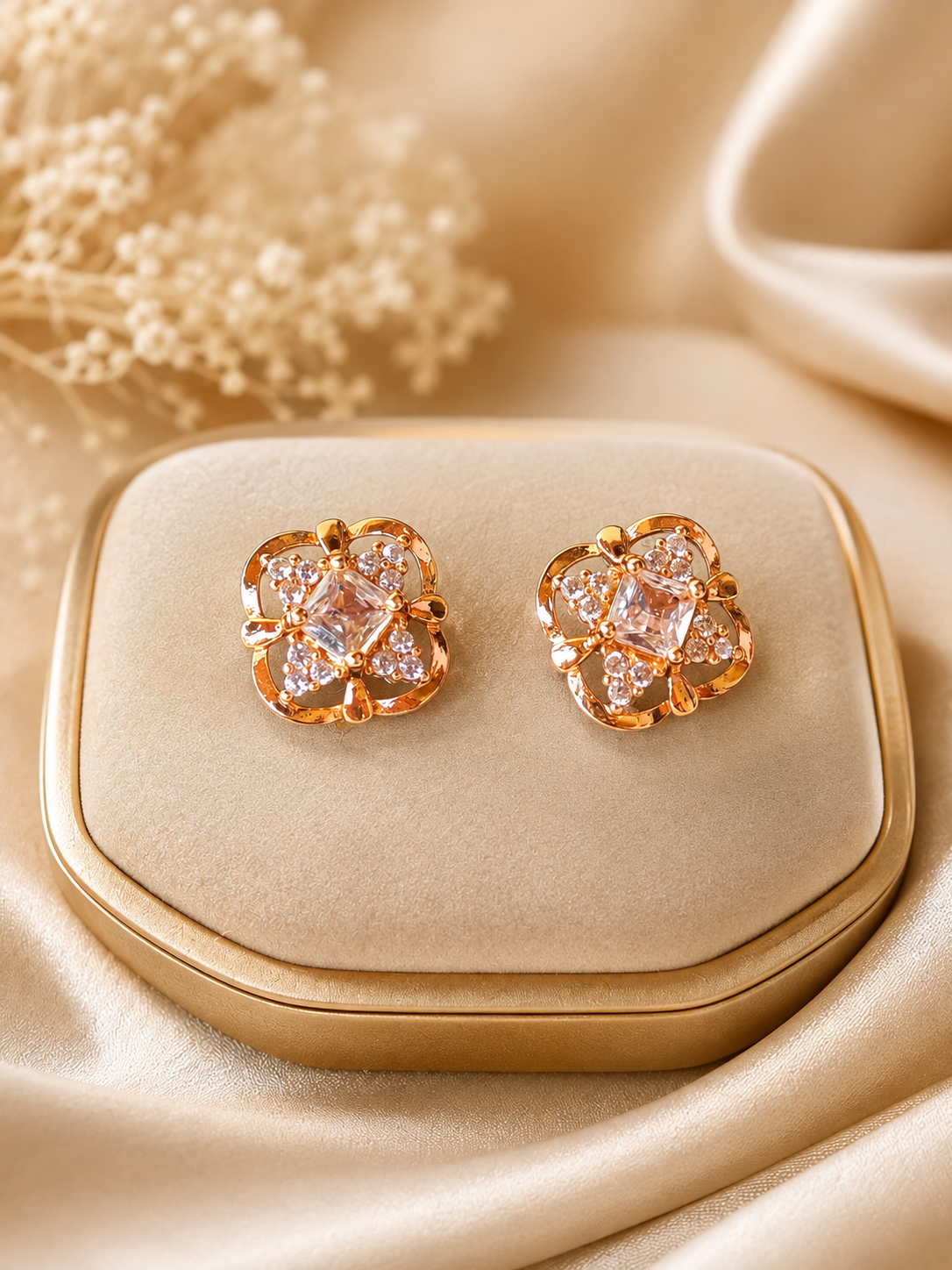Luxury Gold-Plated Floral Stud Earrings with Crystal Stone
