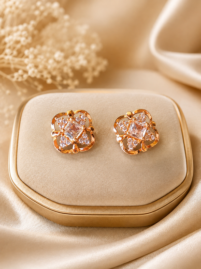 Luxury Gold-Plated Floral Stud Earrings with Crystal Stone