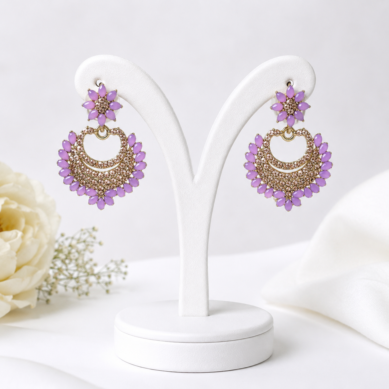 Lavender Floral Chandbali Earrings – Gold Tone