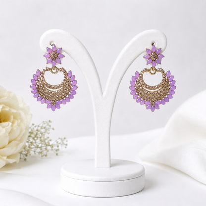 Lavender Floral Chandbali Earrings – Gold Tone