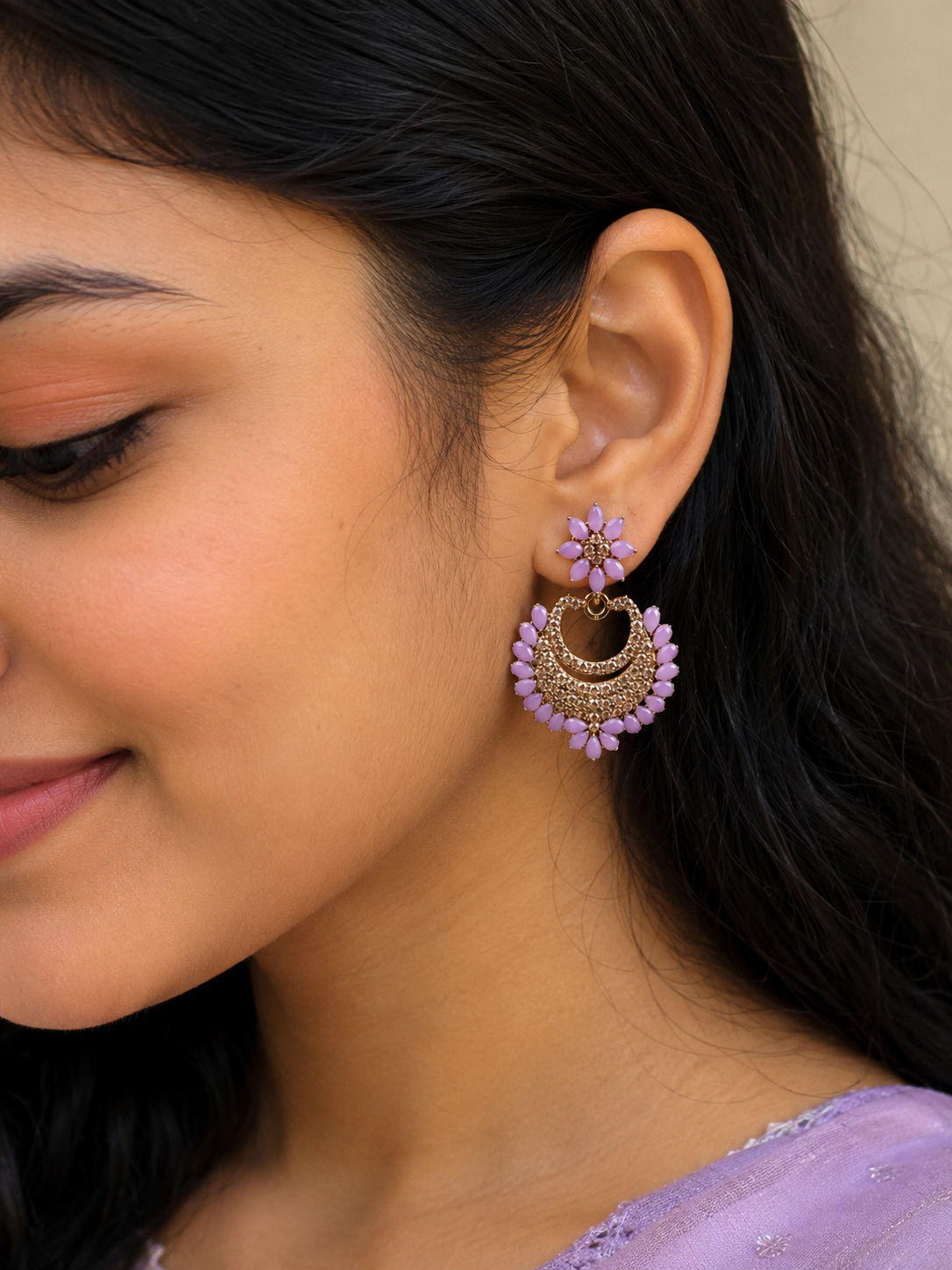 Lavender Floral Chandbali Earrings – Gold Tone
