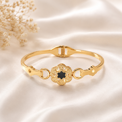 Elegant Floral Black Accent Gold Bracelet