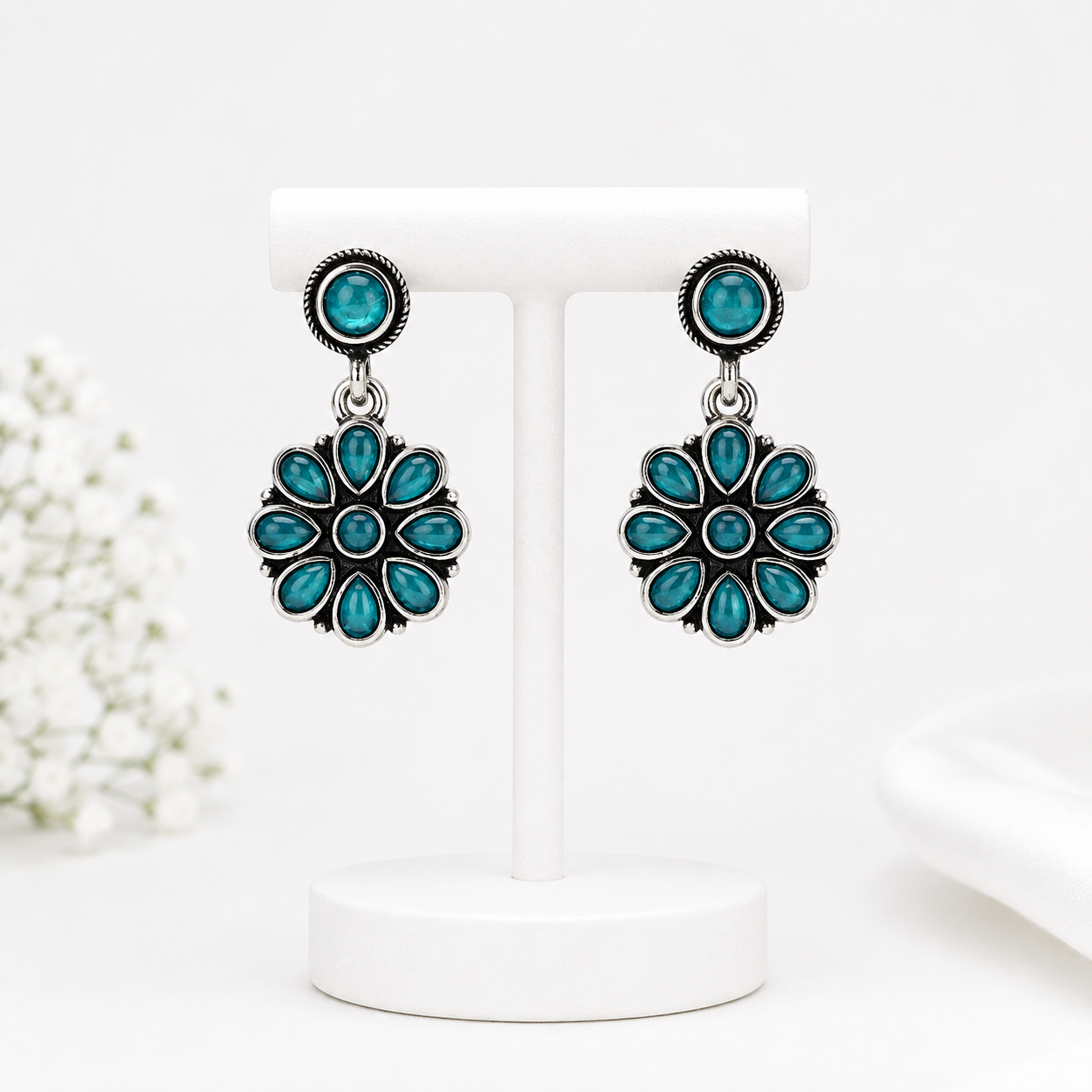 Turquoise Floral Oxidised Silver Drop Earrings