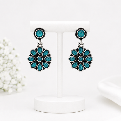 Turquoise Floral Oxidised Silver Drop Earrings