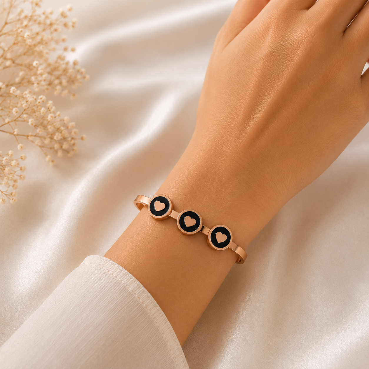Rose Gold Triple Heart Black Enamel Bracelet