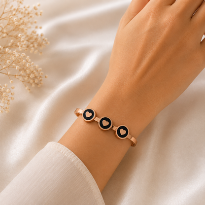 Rose Gold Triple Heart Black Enamel Bracelet