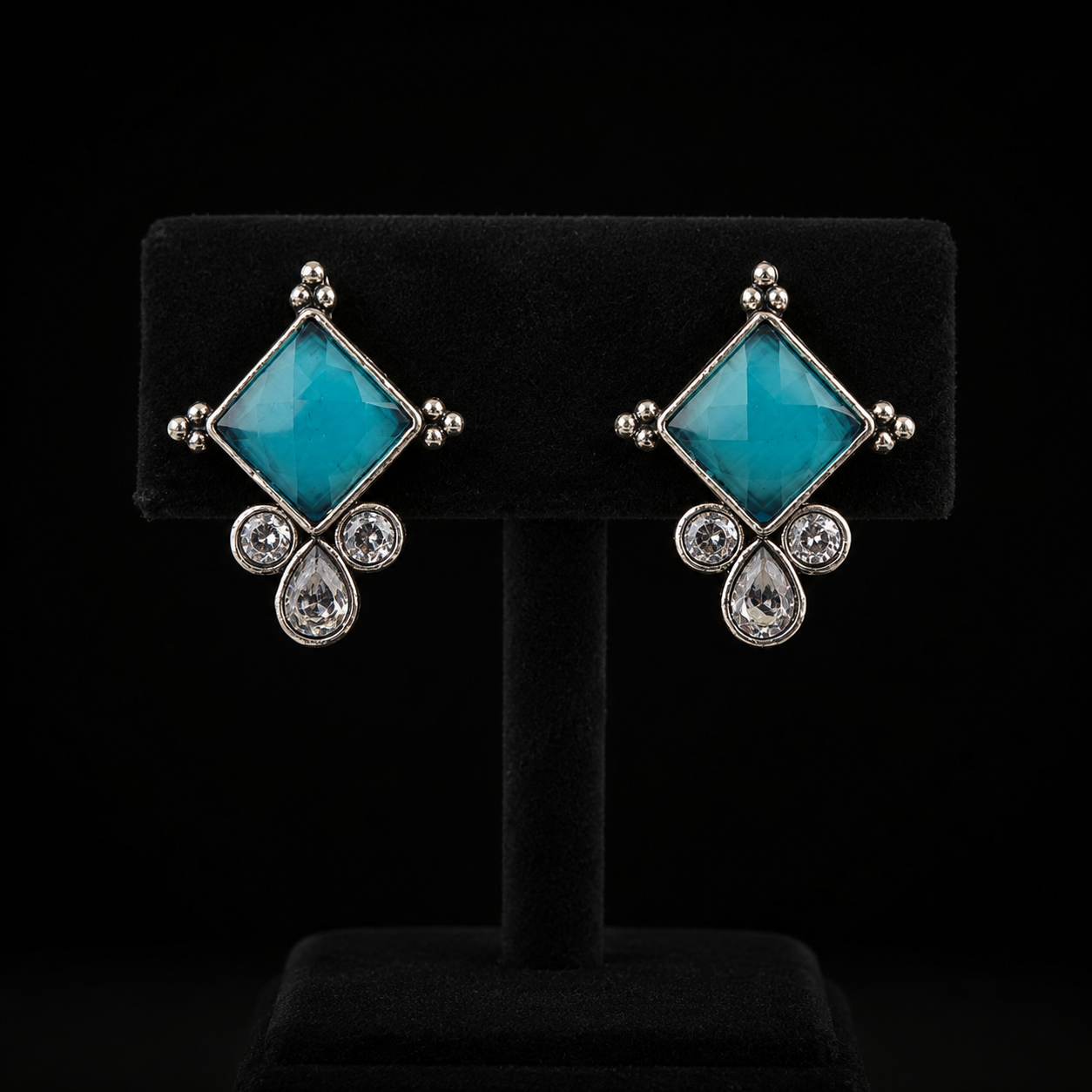 Turquoise Diamond Crystal Stud Earrings – Silver Tone