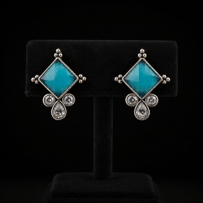 Turquoise Diamond Crystal Stud Earrings – Silver Tone