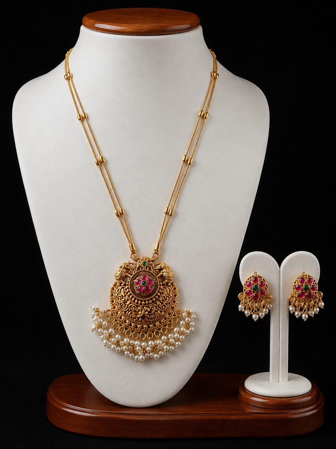 Antique Gold Temple Necklace Set with Pearl Drops & Matching Earrings