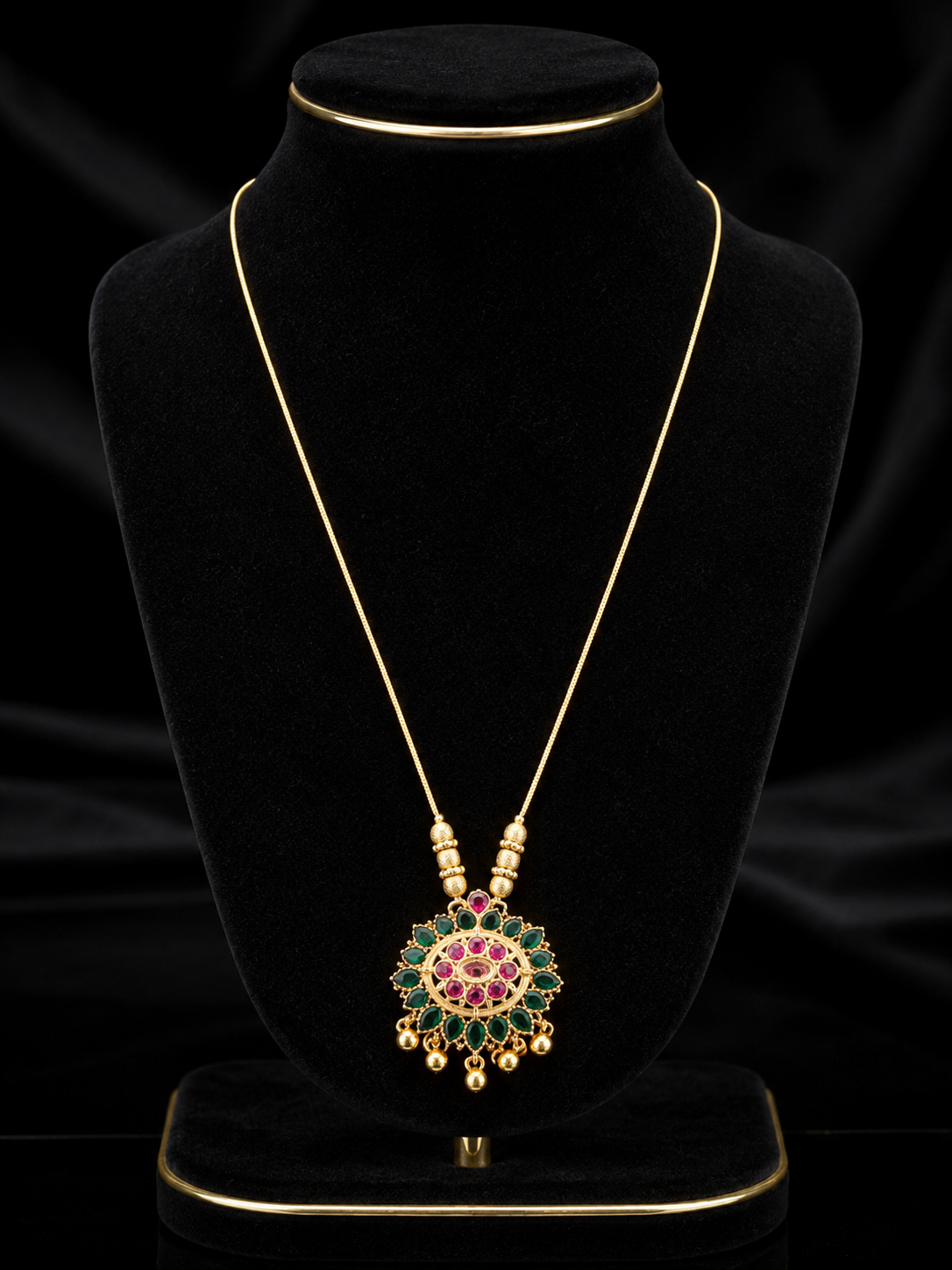 Traditional Gold-Tone Green & Ruby Stone Pendant Chain for Women