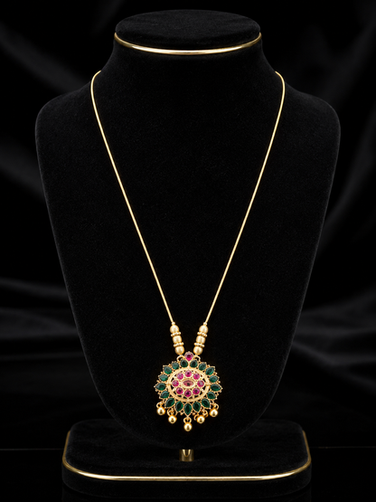 Traditional Gold-Tone Green & Ruby Stone Pendant Chain for Women