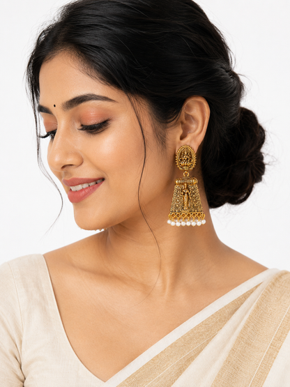 Antique Gold Temple Jhumka Earrings with Pearl Drops