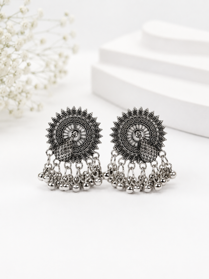 Oxidised Silver Peacock Ghungroo Stud Earrings