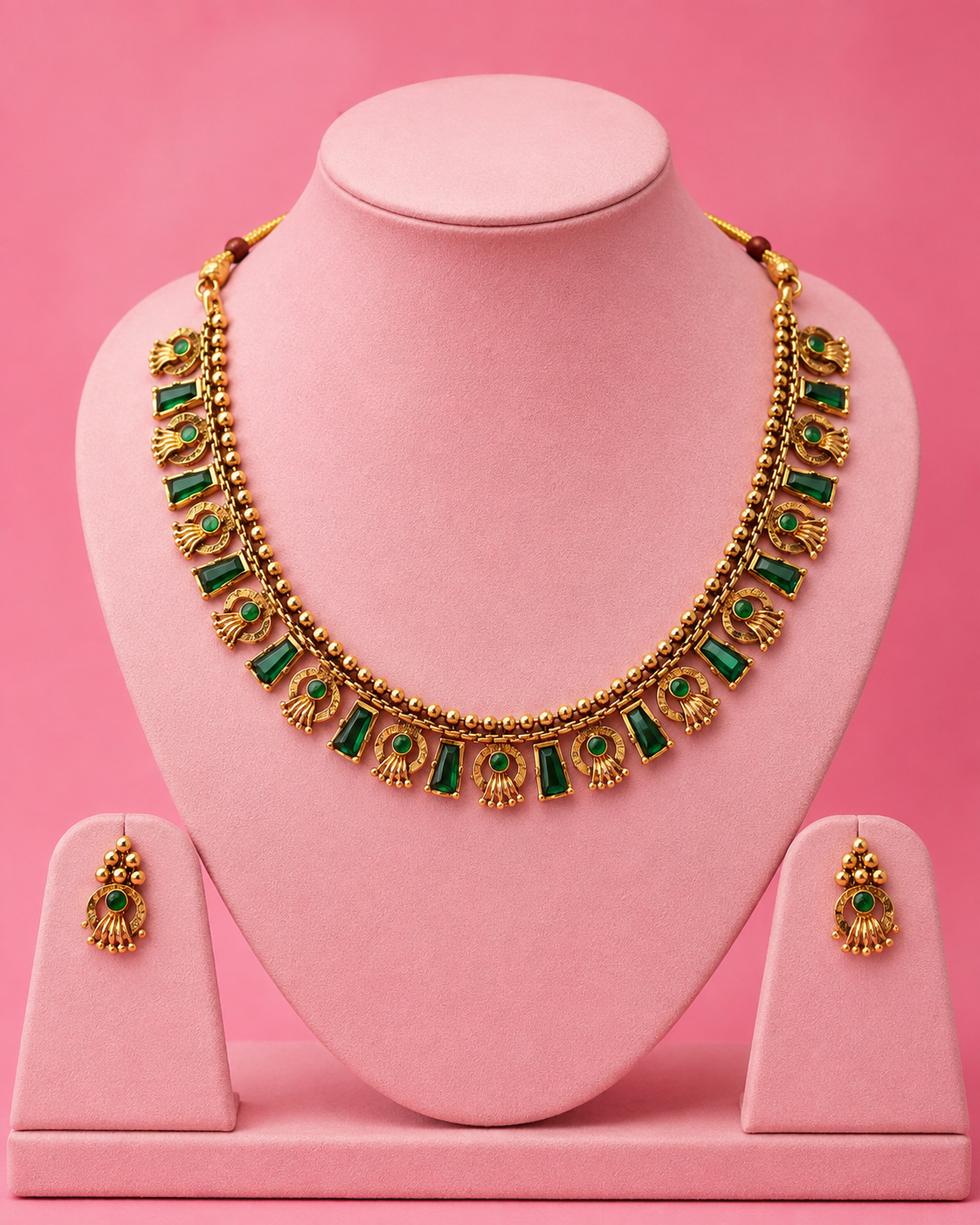 Traditional Gold-Tone Green Stone Necklace & Earrings Set