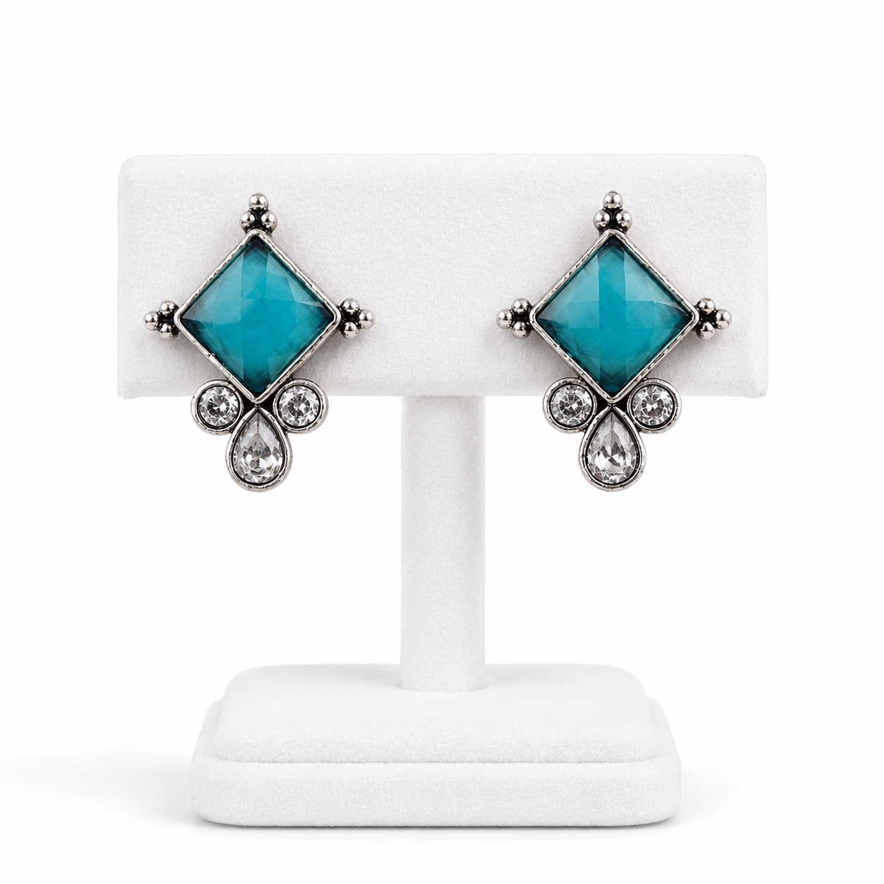 Turquoise Diamond Crystal Stud Earrings – Silver Tone