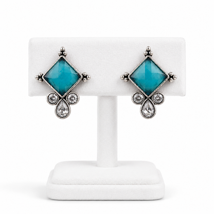 Turquoise Diamond Crystal Stud Earrings – Silver Tone
