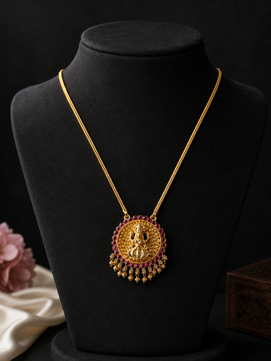 Traditional Lakshmi Pendant Gold-Tone Necklace with Ruby Stones