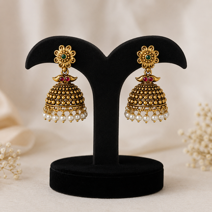 Antique Gold Traditional Jhumka Earrings with Pearl Drops
