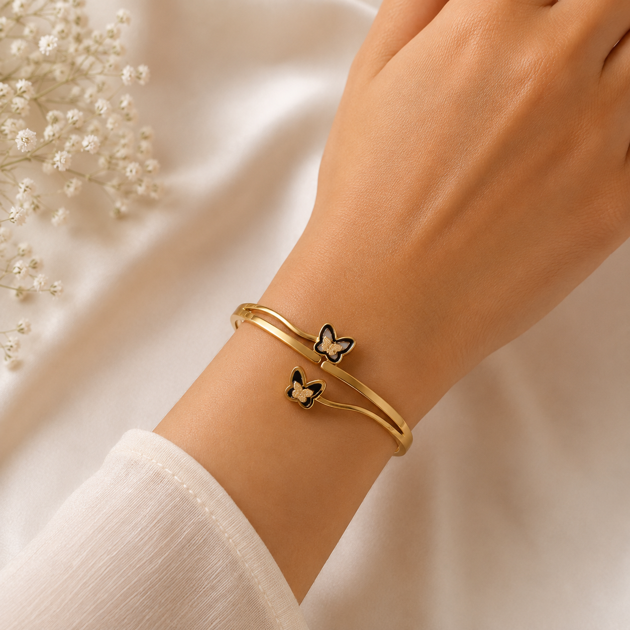 Golden Butterfly Open Cuff Bracelet – Black Enamel Design