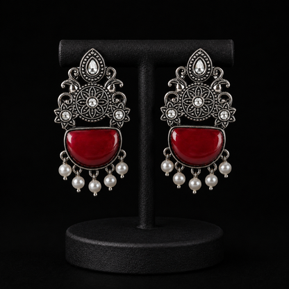 Ruby Red Oxidised Silver Statement Earrings with Pearl Drops