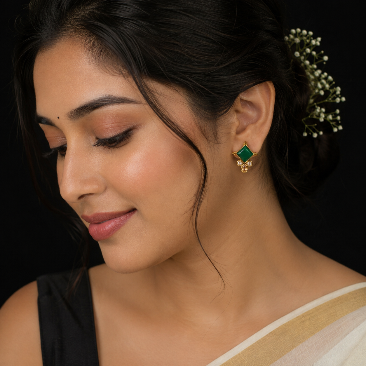 Emerald Green Diamond Stud Earrings – Gold Tone
