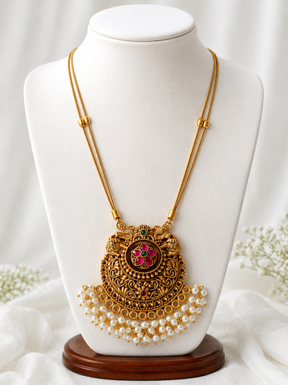 Antique Gold Temple Pendant Necklace with Pearl Drops