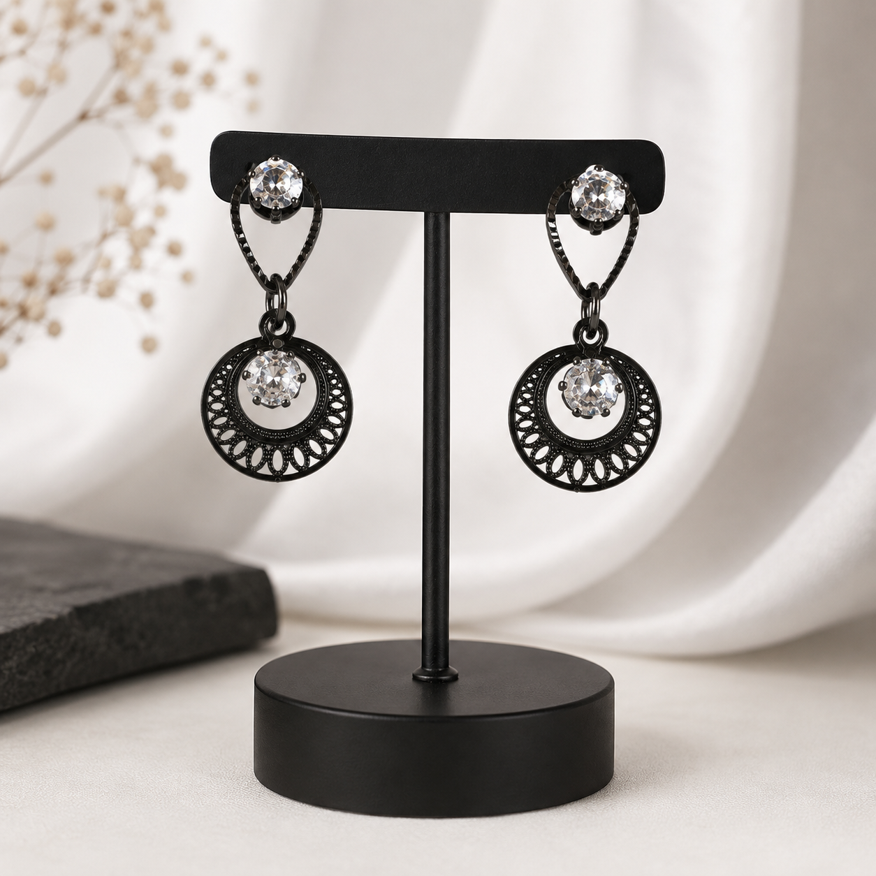 Black Crystal Circular Drop Earrings – Elegant Statement Earrings