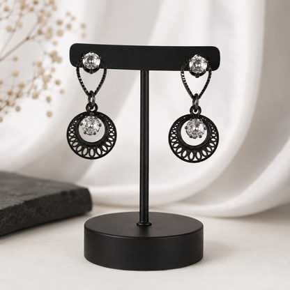 Black Crystal Circular Drop Earrings – Elegant Statement Earrings