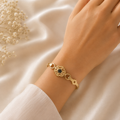 Elegant Floral Black Accent Gold Bracelet
