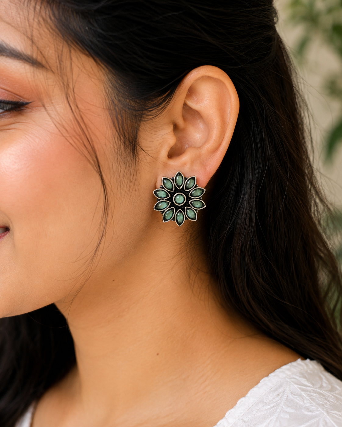 Emerald Green Floral Oxidised Silver Stud Earrings