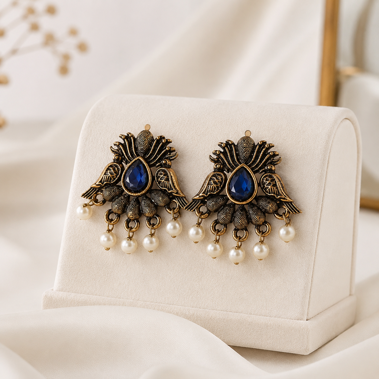 Royal Peacock Blue Stone Pearl Drop Earrings