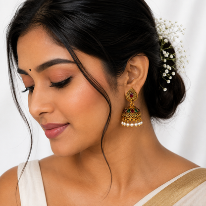 Traditional Antique Gold Jhumka Earrings with Ruby, Emerald & Pearl Drops