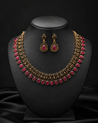 Antique Gold Ruby Red Stone Necklace & Earrings Set