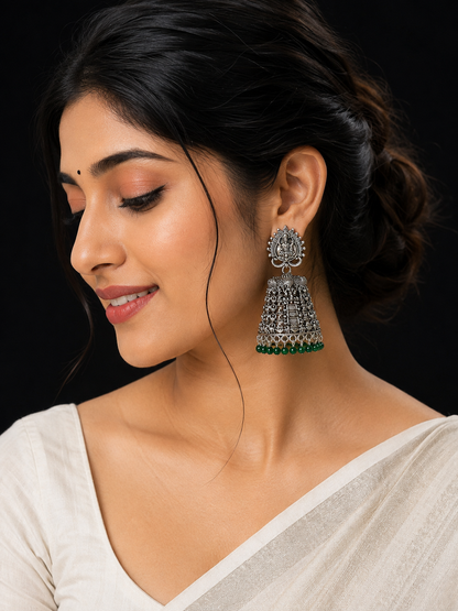 Oxidised Silver Temple Jhumka Earrings with Green Beads