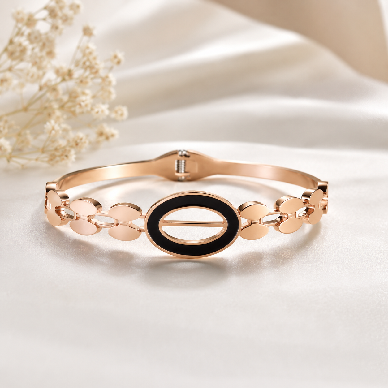 Rose Gold Black Oval Charm Bracelet for Women