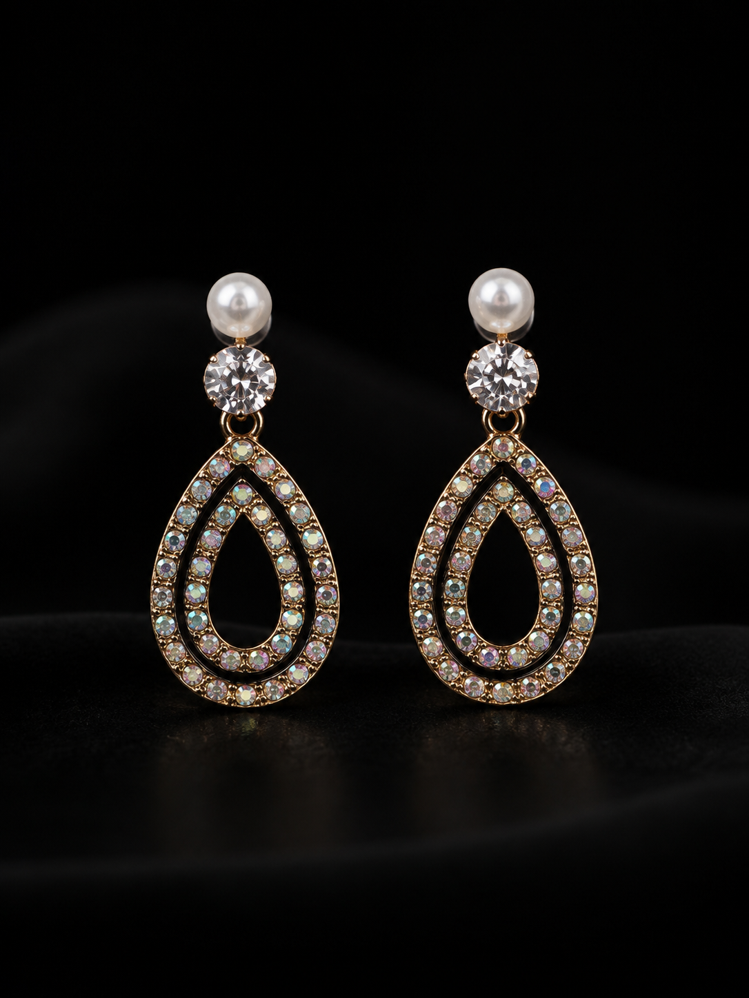 Pearl & Crystal Double Teardrop Statement Earrings – Gold Tone