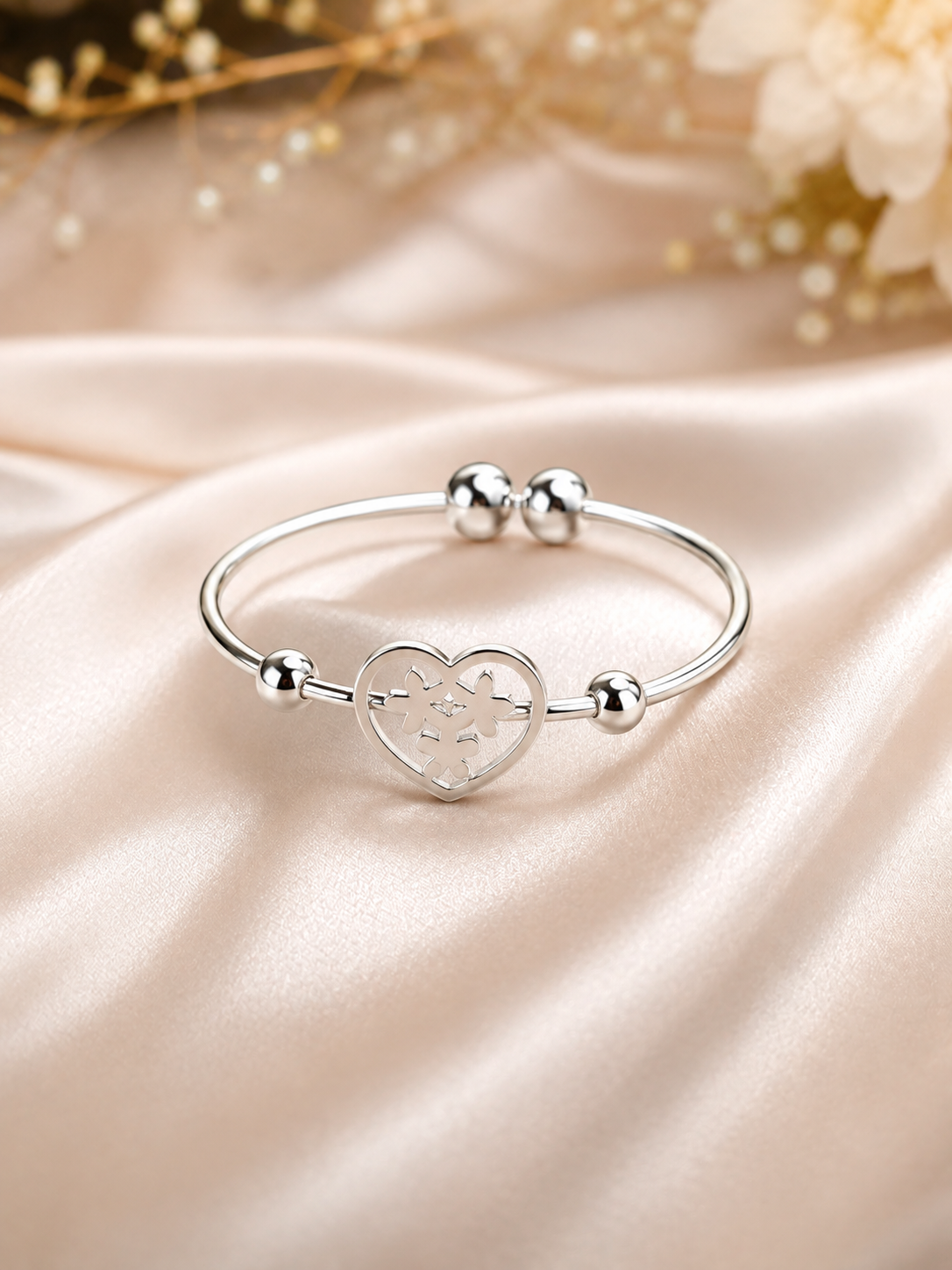 Silver Heart Charm Adjustable Bracelet for Women
