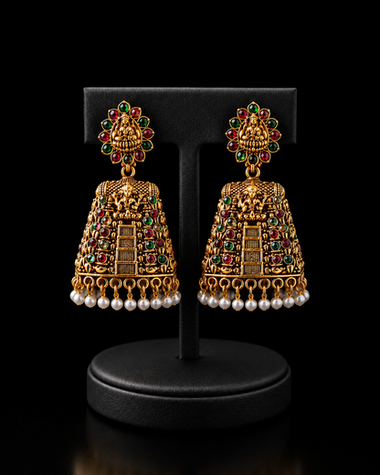 Antique Gold Temple Jhumka Earrings with Multicolor Stones & Pearl Drops