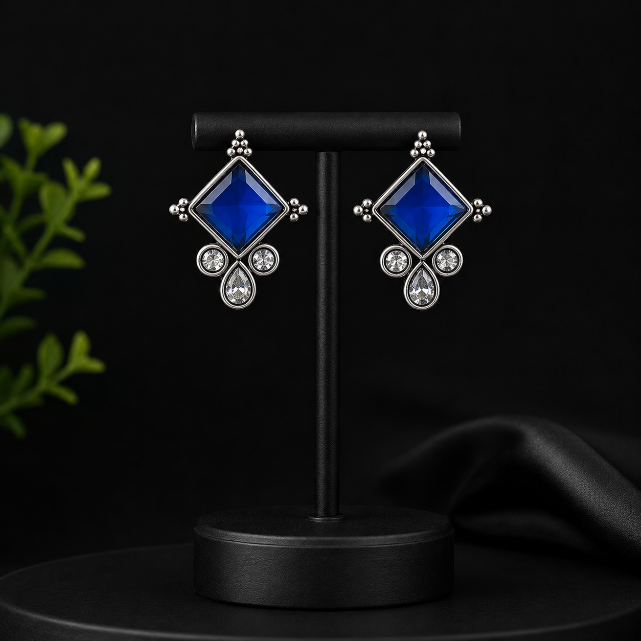 Royal Blue Crystal Statement Earrings – Silver Tone