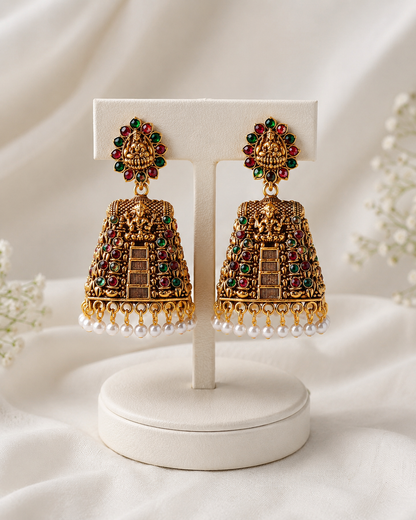 Antique Gold Temple Jhumka Earrings with Multicolor Stones & Pearl Drops