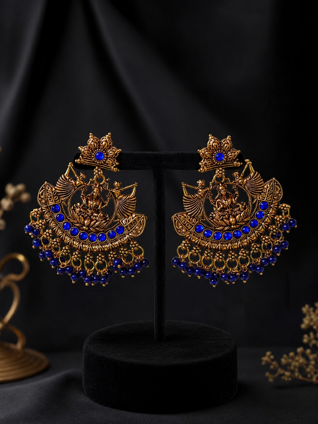 Antique Gold Goddess Chandbali Earrings with Royal Blue Beads